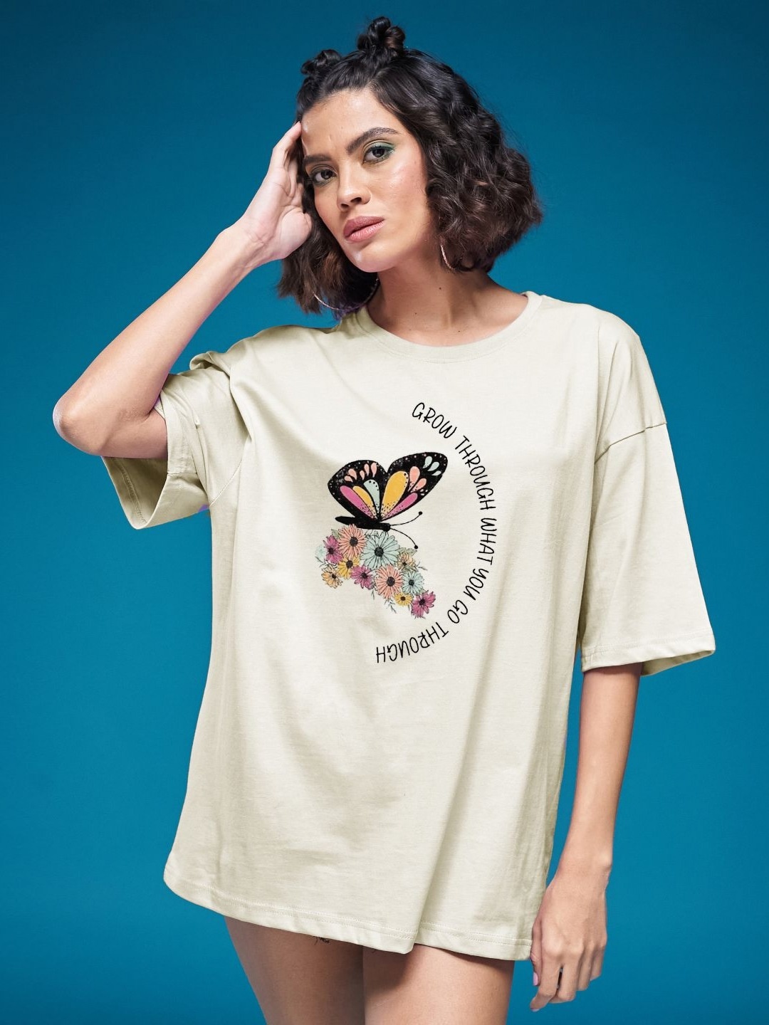 

SMARTEES Women Graphic Printed Round Neck Cotton Oversized T-shirt, Beige