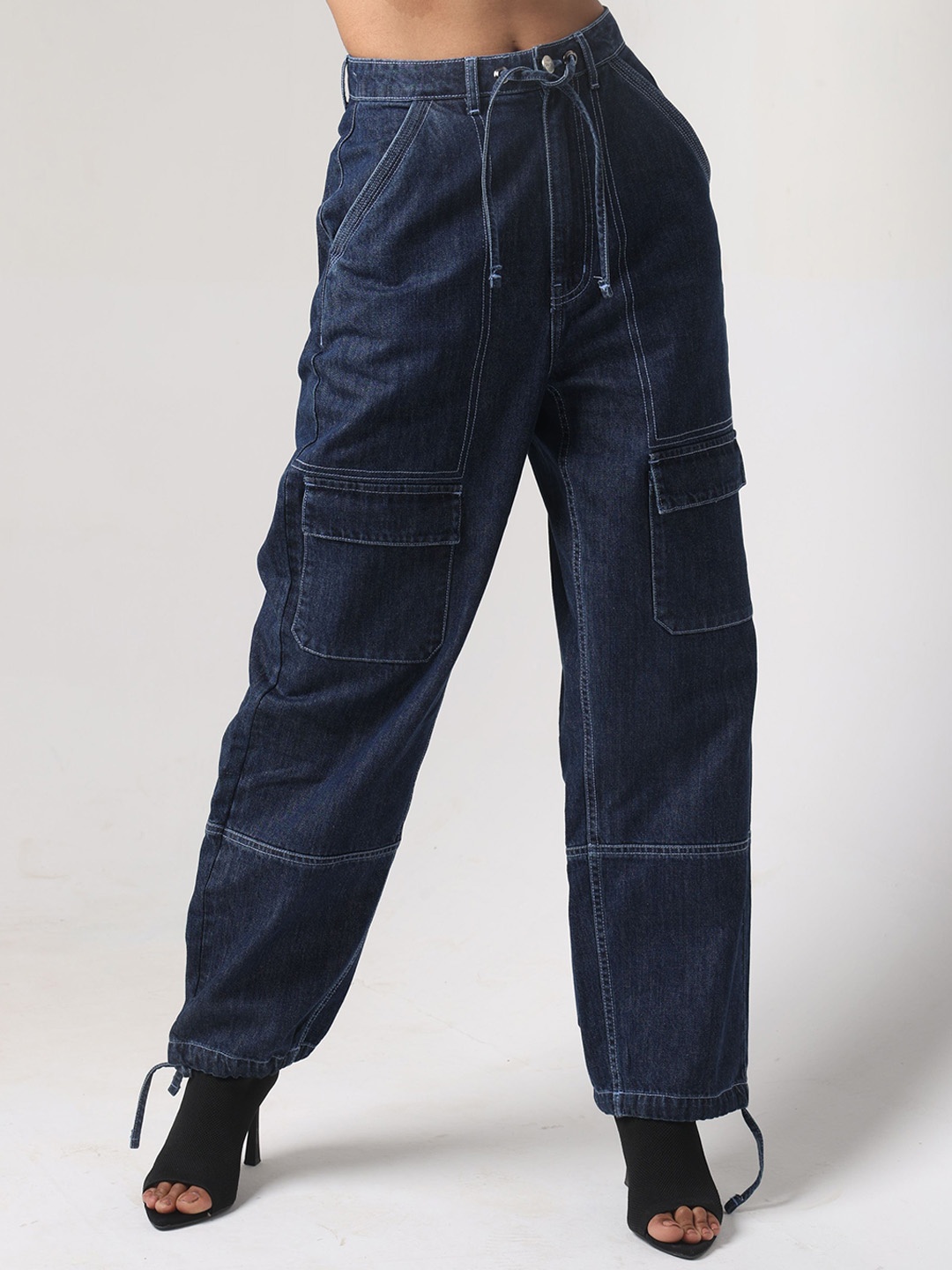 

DAYER Women Cotton Regular Fit Mid-Rise Cargo Styles Jeans, Blue