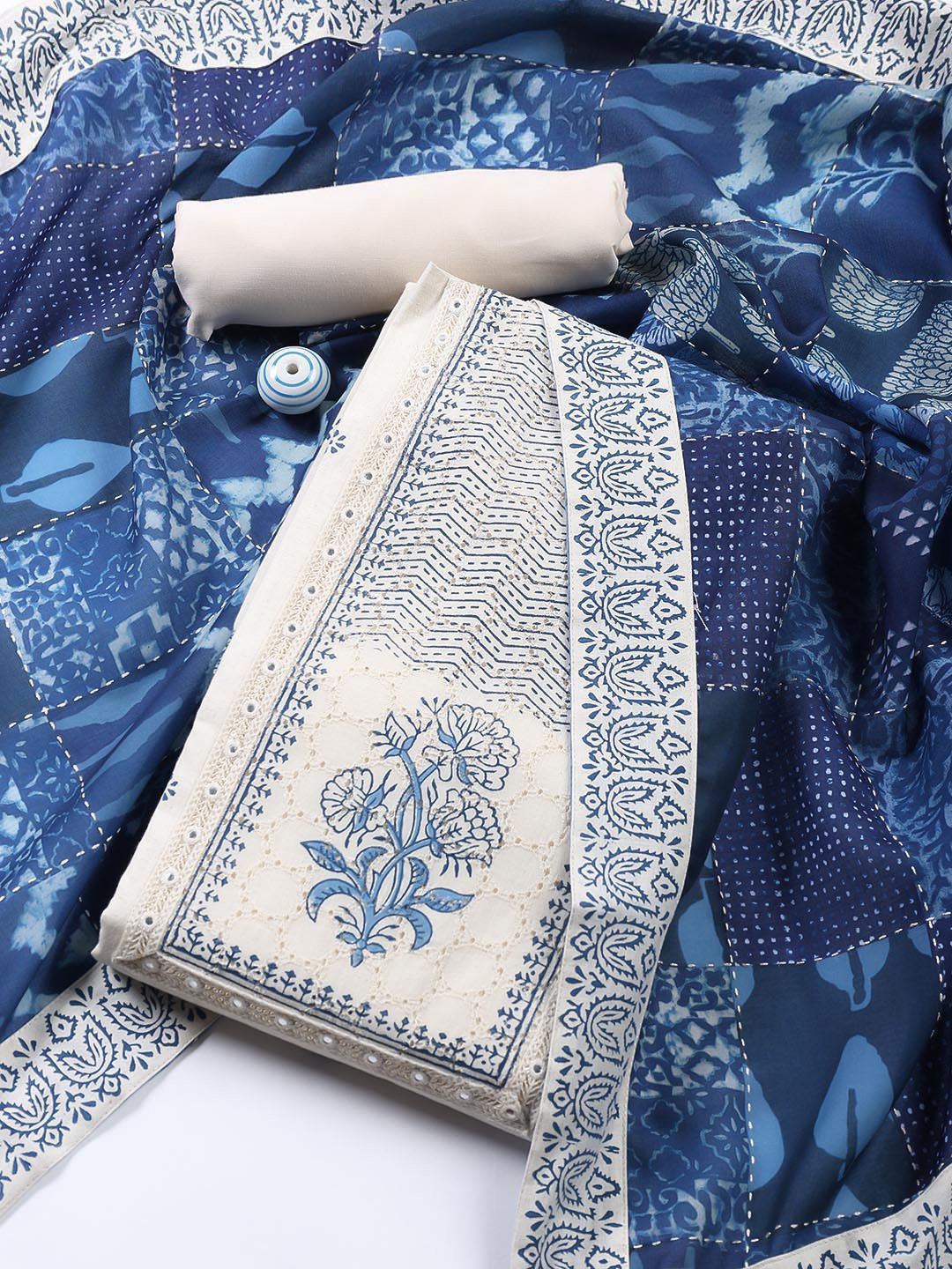 

Meena Bazaar Ethnic Motifs Printed Unstitched Dress Material, Cream