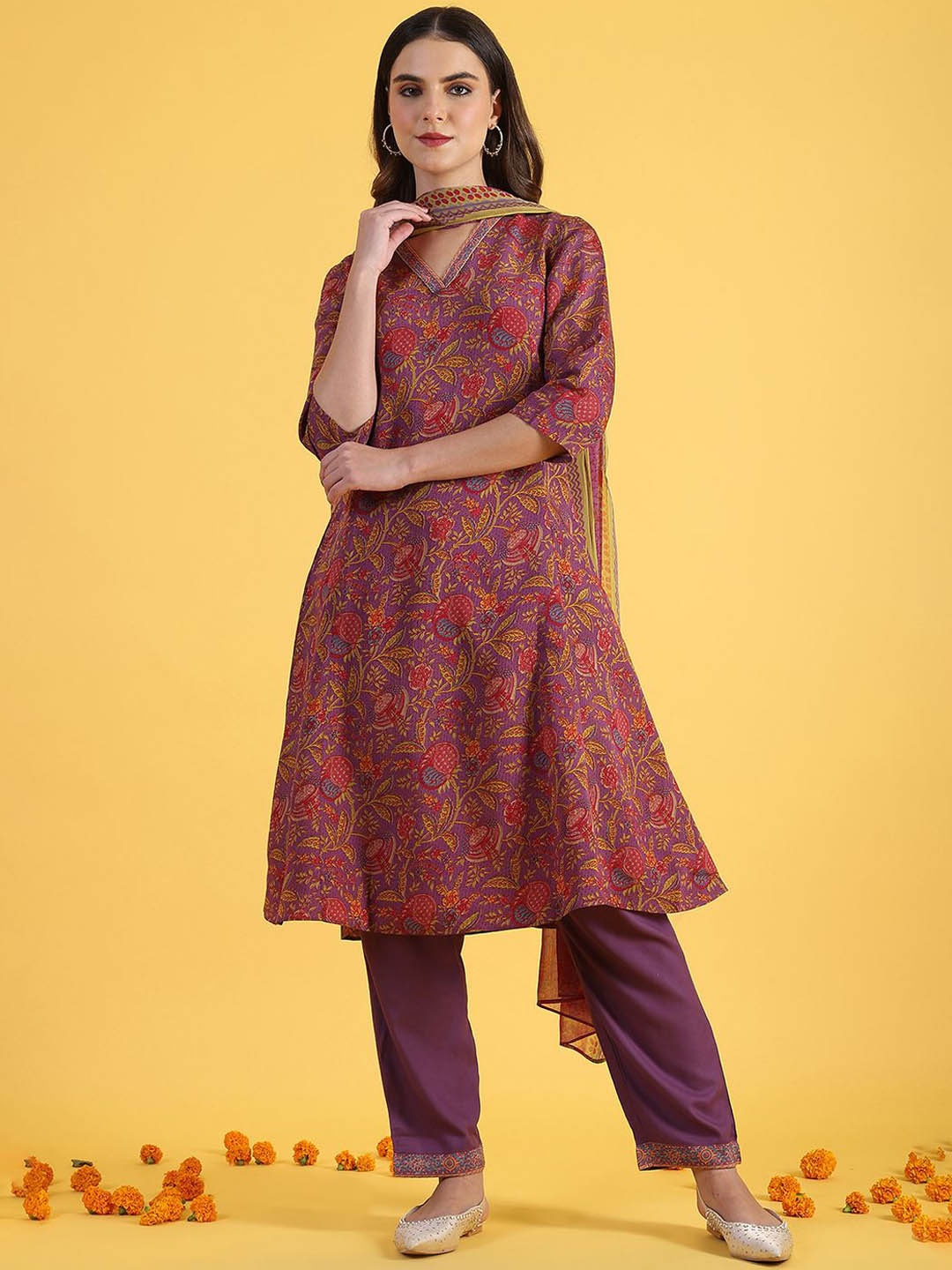 

W Purple Floral Printed V-Neck A-Line Kurta With Trousers And Dupatta