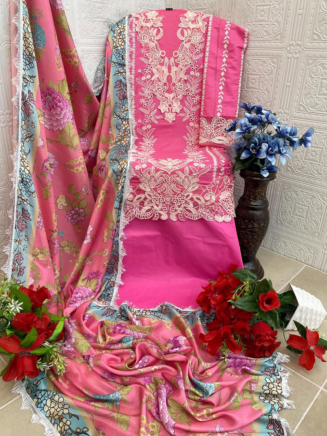 

ANAMSA Ethnic Motifs Embroidered Pure Cotton Semi-Stitched Dress Material, Pink