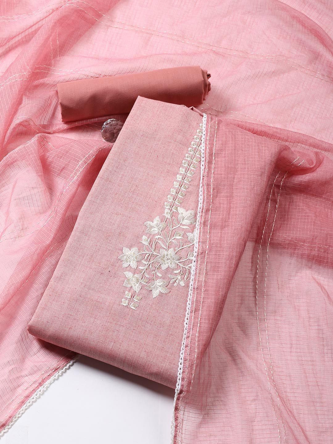 

Meena Bazaar Floral Embroidered Thead Work Unstitched Dress Material, Pink