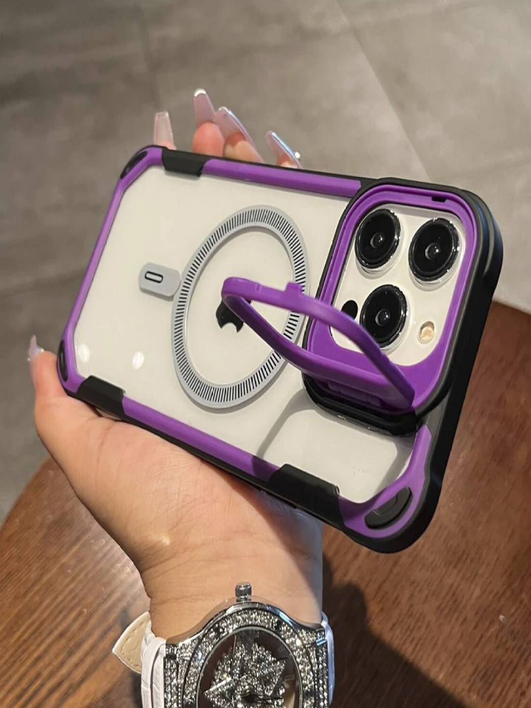 

Luxury Kase LK164 Solid iPhone 16 Pro Invisible Stand Transparent Magnetic Back Case, Purple