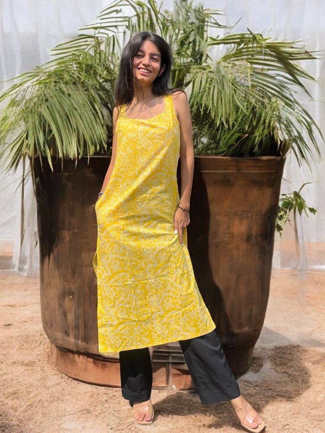 

JAIPUR HAND BLOCK Printed Square Neck Cotton Kurtas, Yellow