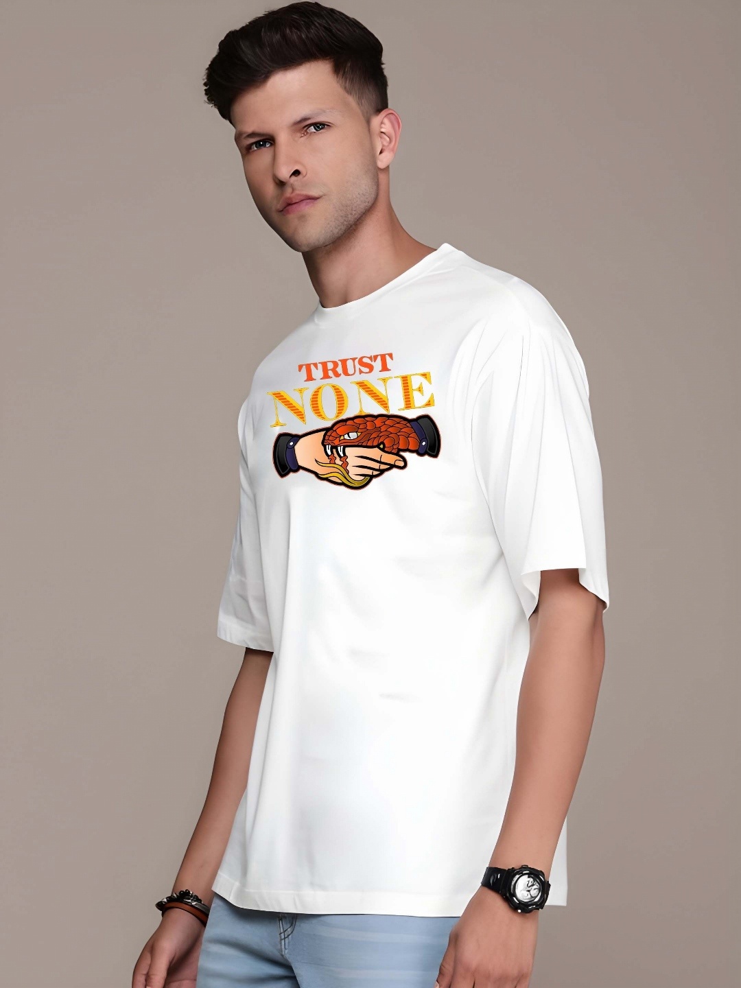 

Krimmple Men Graphic Printed Round Neck Cotton Oversized T-shirt, White