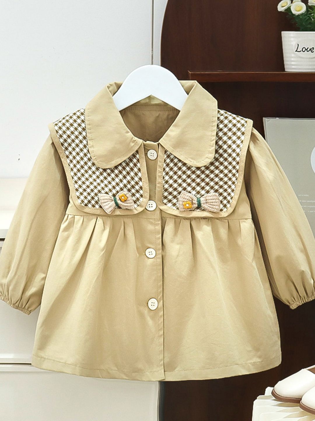 

YK Girls Shirt Collar A-Line Dress, Beige