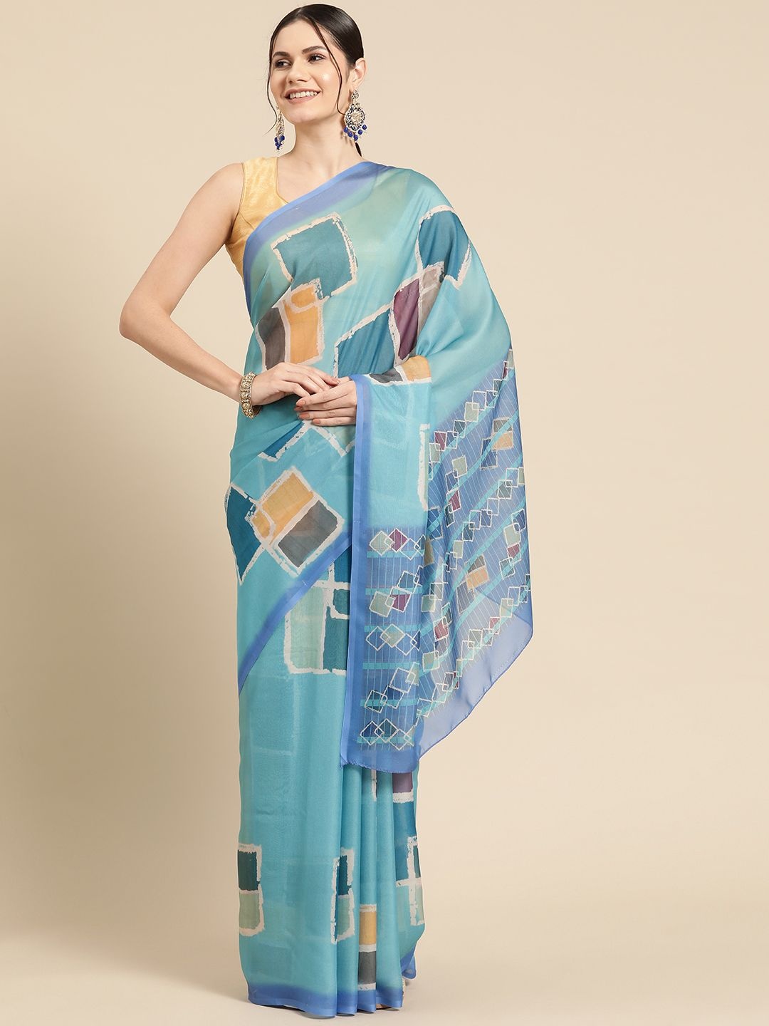 

DIVASTRI Soft Silk Digital Printed Colourblocked Saree, Teal