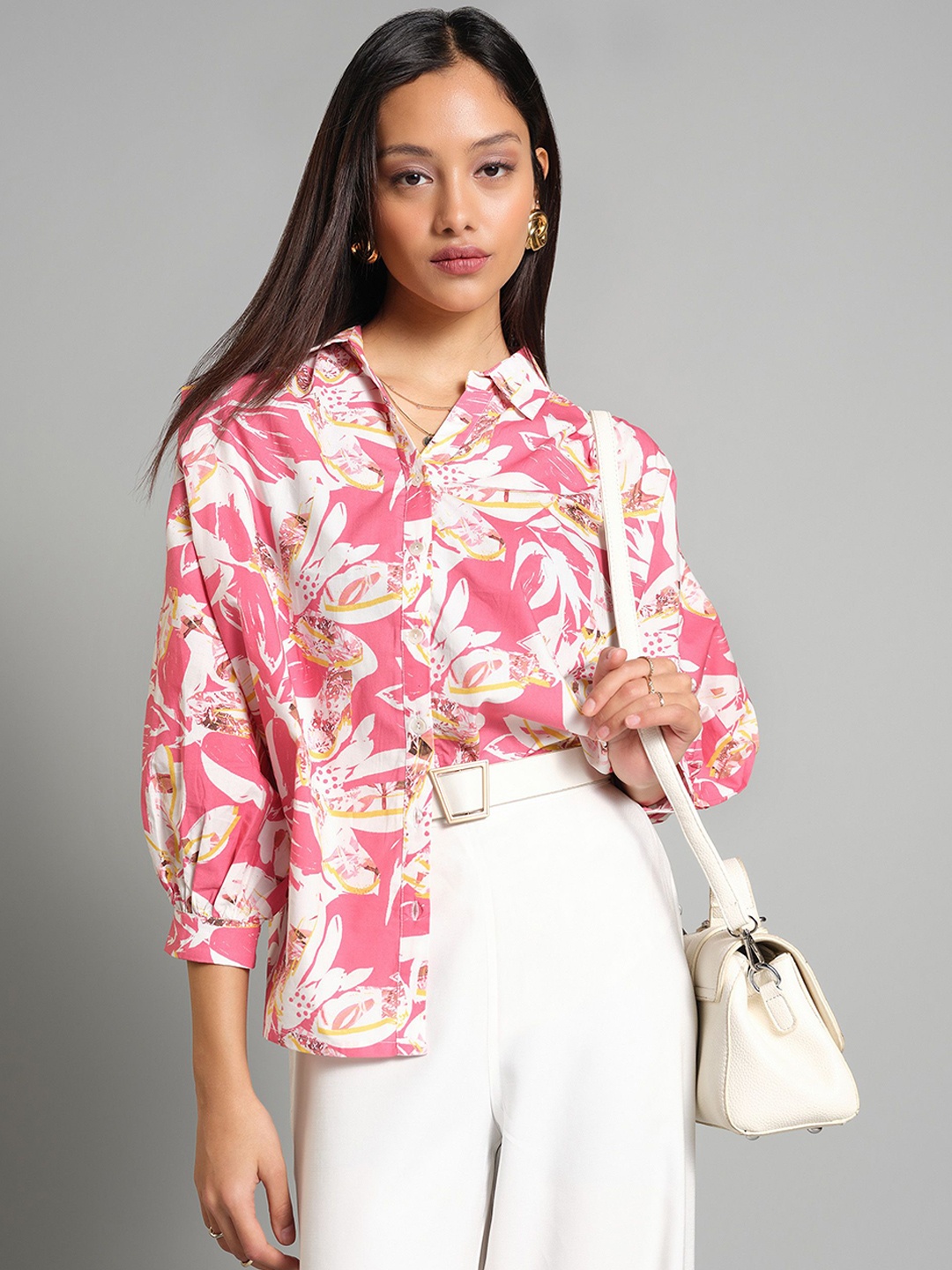 

AND Print Cotton Shirt Style Top, Pink