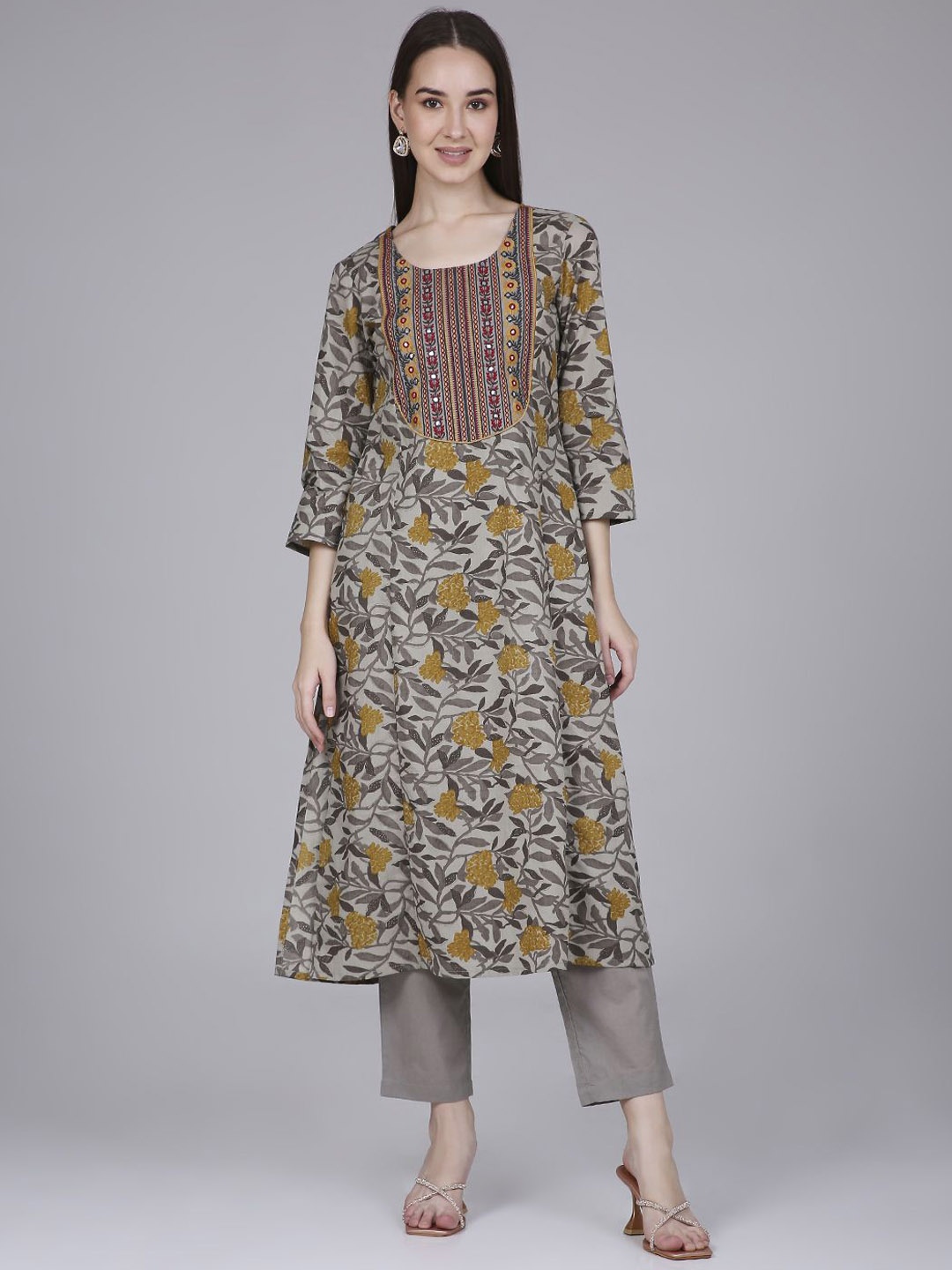 

Saffron Threads Panelled Floral Printed Embroidered Pure Cotton A-Line Kurta, Grey