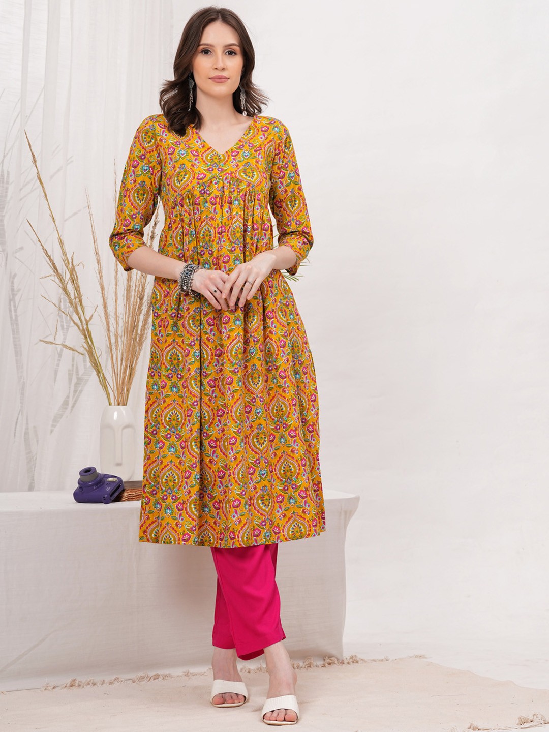 

Vilgi Floral Printed Pure Cotton Kurta with Trousers, Mustard