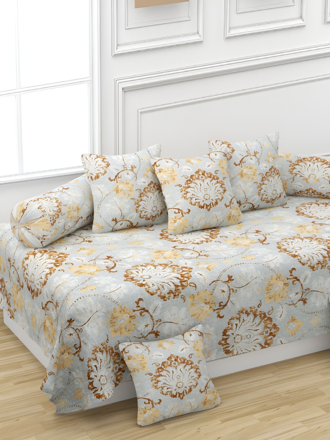 

Jizzby 8-Pcs Grey & Brown Printed Bed Sheet & 2 Booster With 5 Cushion