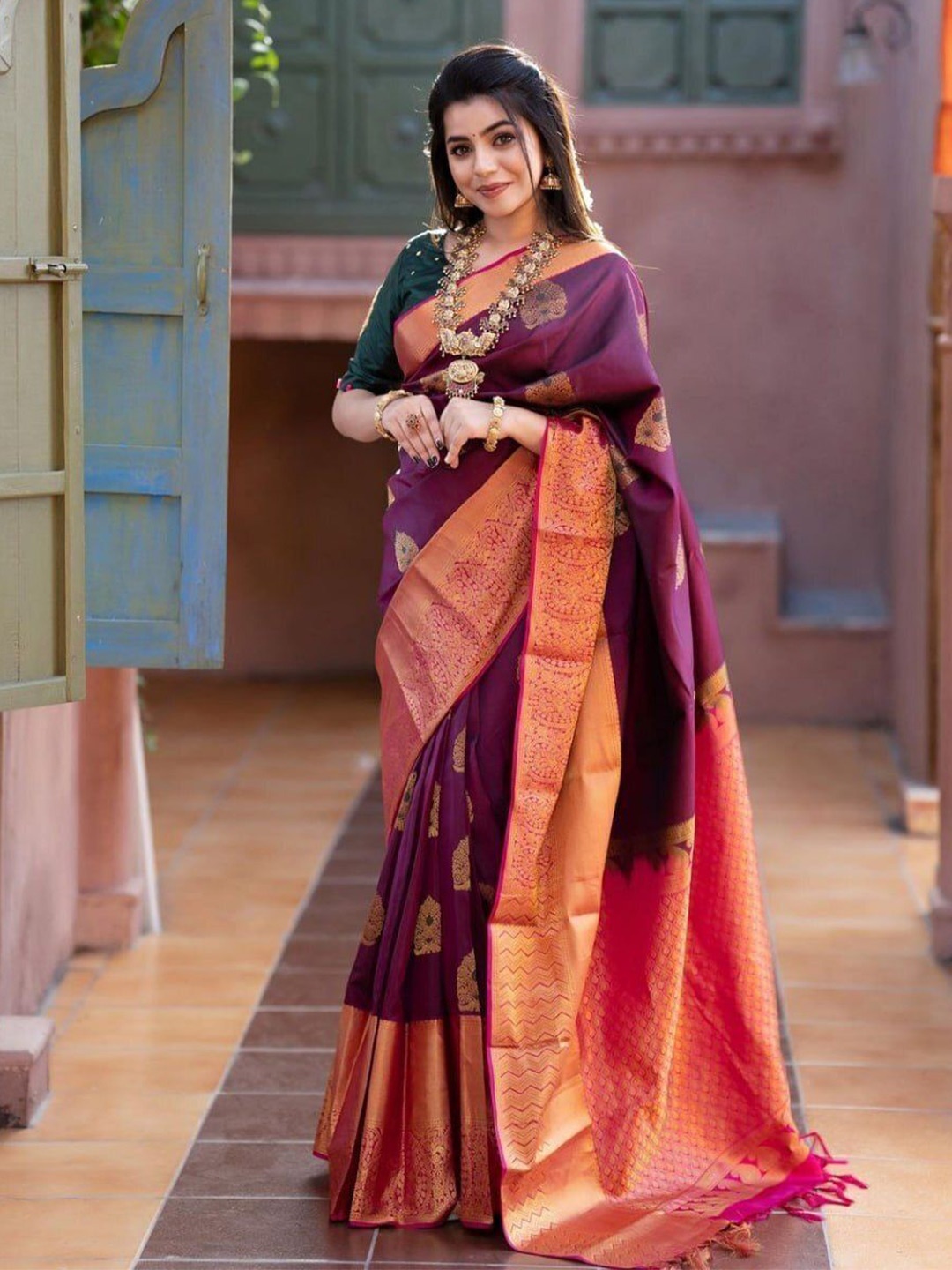 

bansari textiles Woven Design Zari Kanjeevaram Saree, Purple