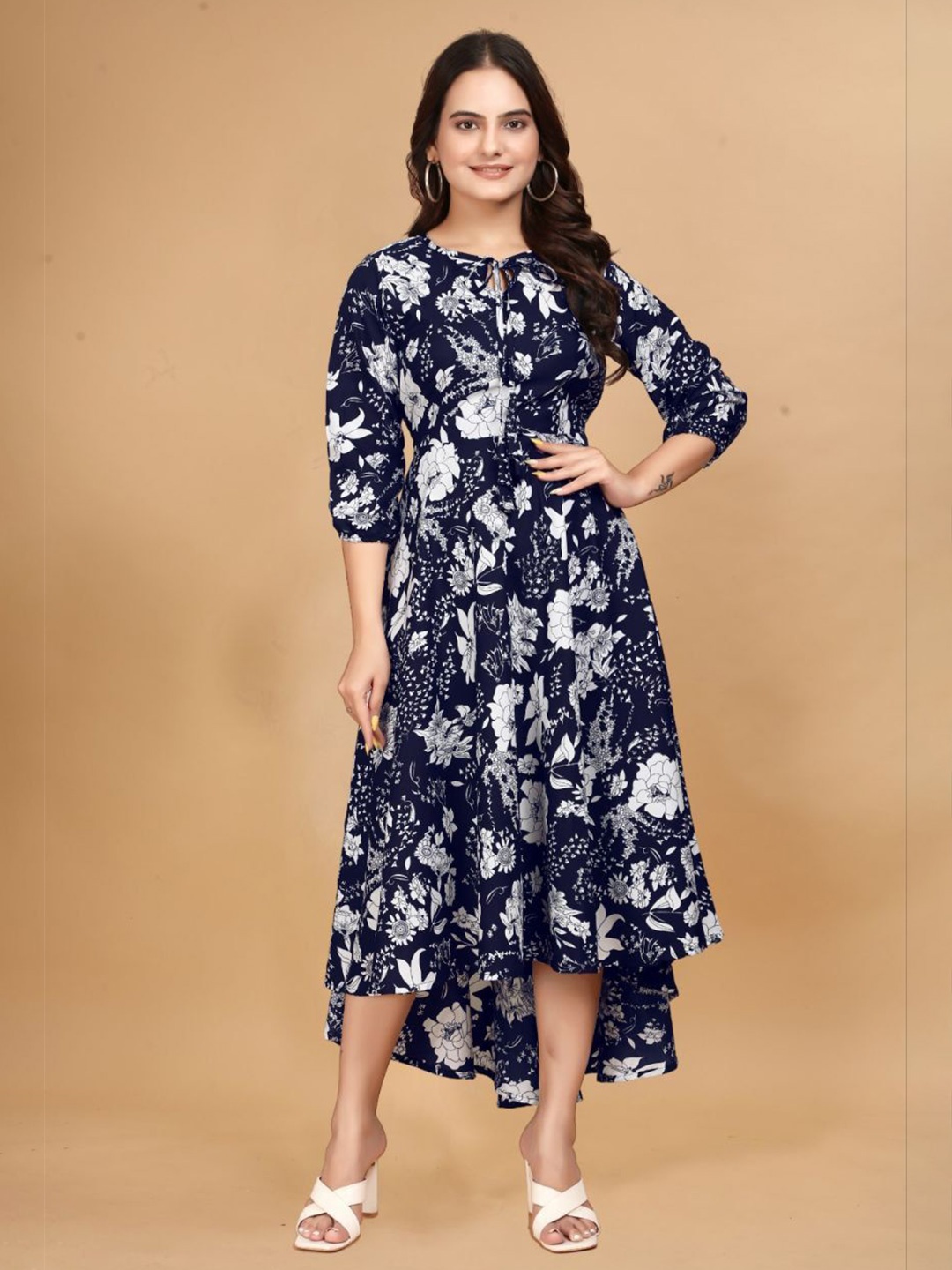

DressBerry Women Floral Printed Keyhole Neck Crepe Fit and Flare Dress, Blue