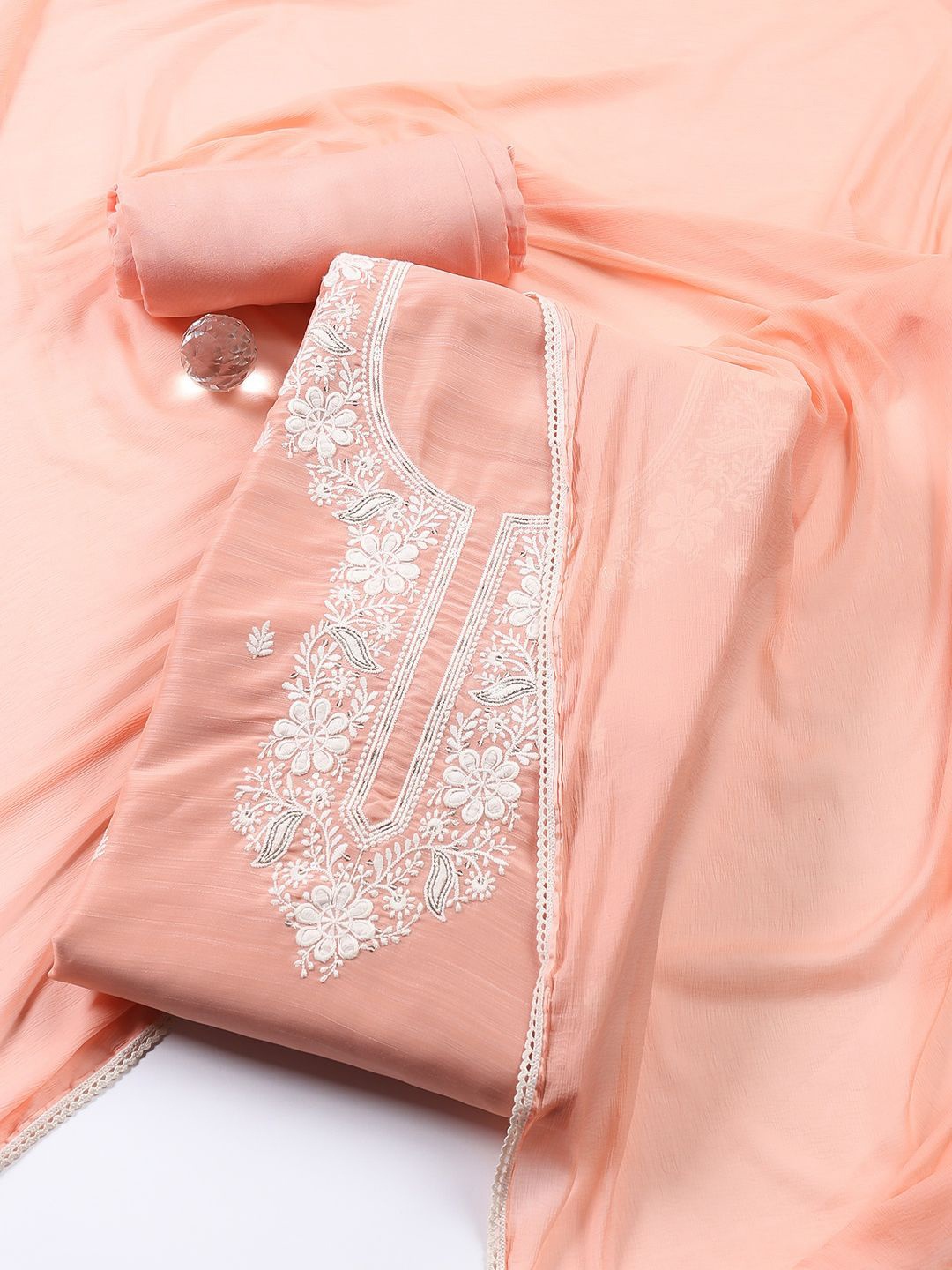 

Meena Bazaar Floral Embroidered Unstitched Dress Material, Peach