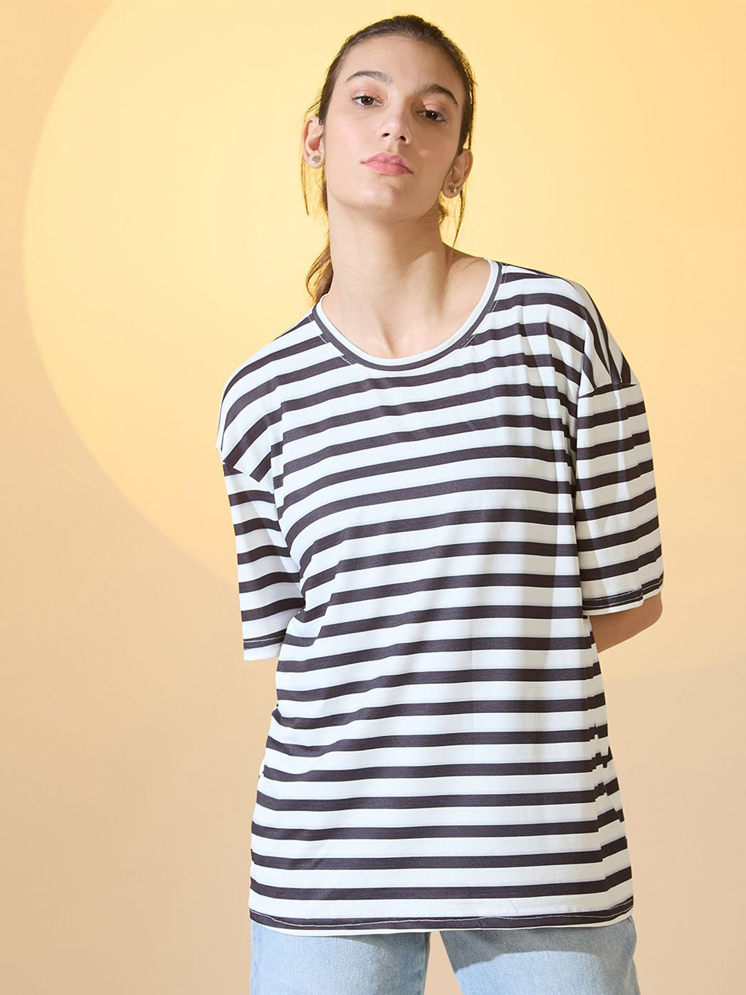 

DressBerry Women Striped Drop-Shoulder Sleeves T-shirt, Black