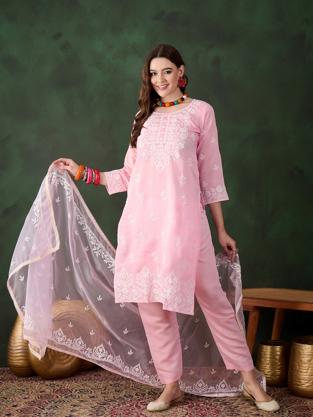 

Blissta Floral Embroidered Chikankari Cotton Silk Straight Kurta With Trousers & Dupatta, Pink