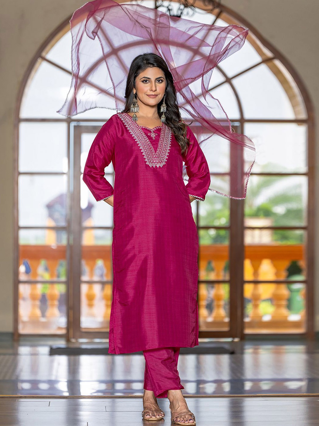 

KALINI Floral Yoke Design Sweetheart Neck Sequinned Straight Kurta With Trouser & Dupatta, Pink