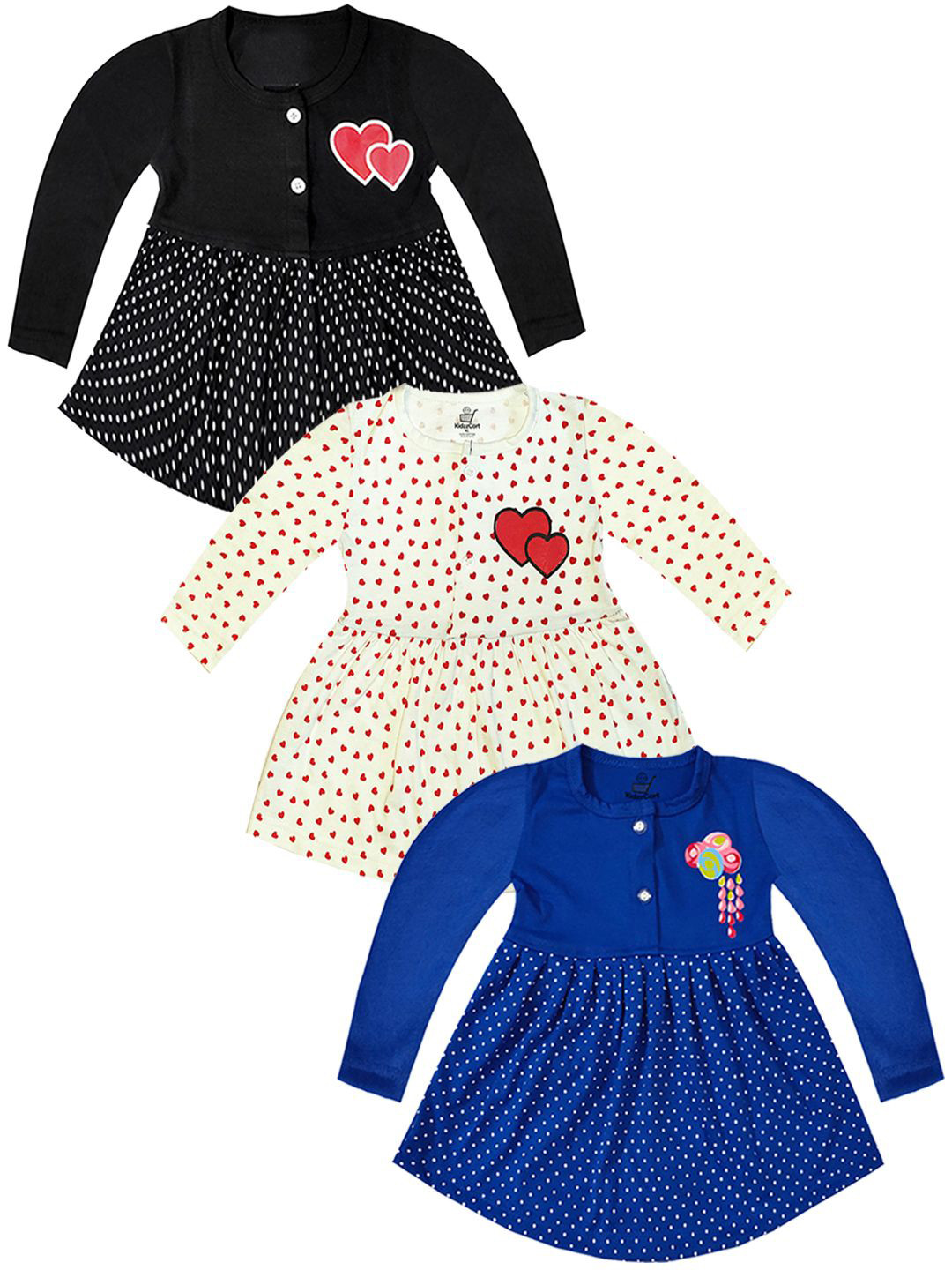 

KidzzCart Girls Pack Of 3 Cotton Printed Fit & Flare Dress, Black