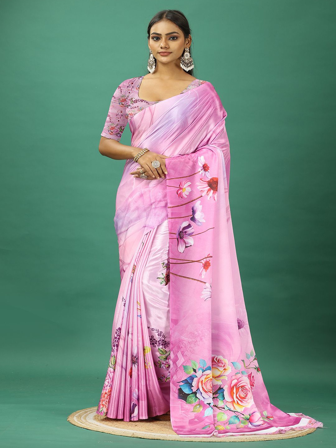 

NIRMAL CREATION Women Floral Printed Pure Crepe Saree, Pink