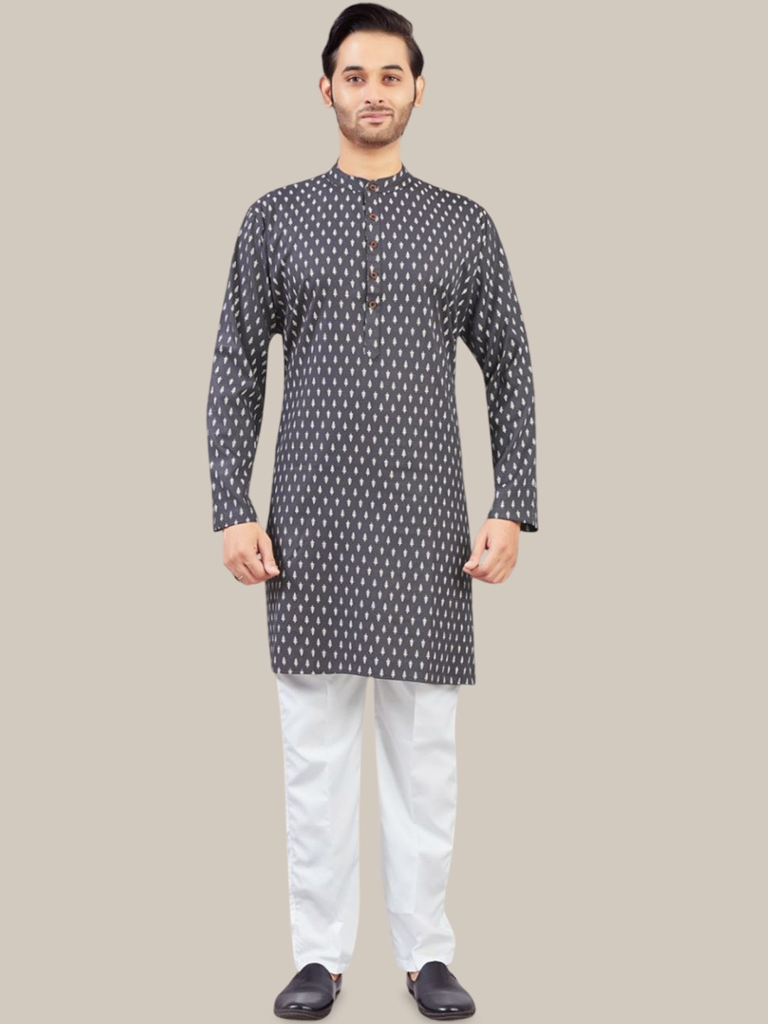 

Studio Shringaar Floral Printed Cotton Mandarin Collar Straight Kurta, Black