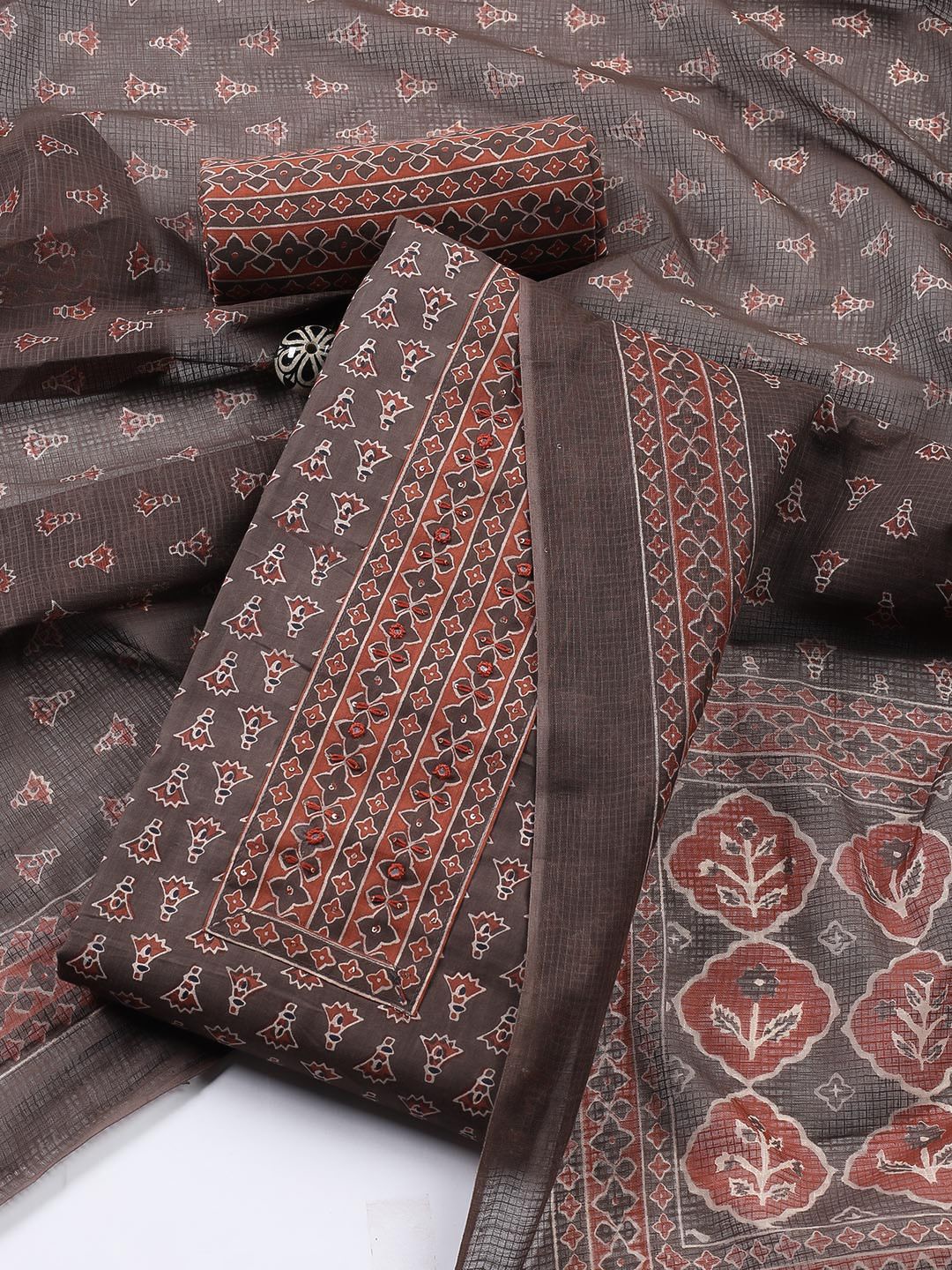 

Meena Bazaar Floral Printed Sequinned Cotton Unstitched Dress Material, Brown