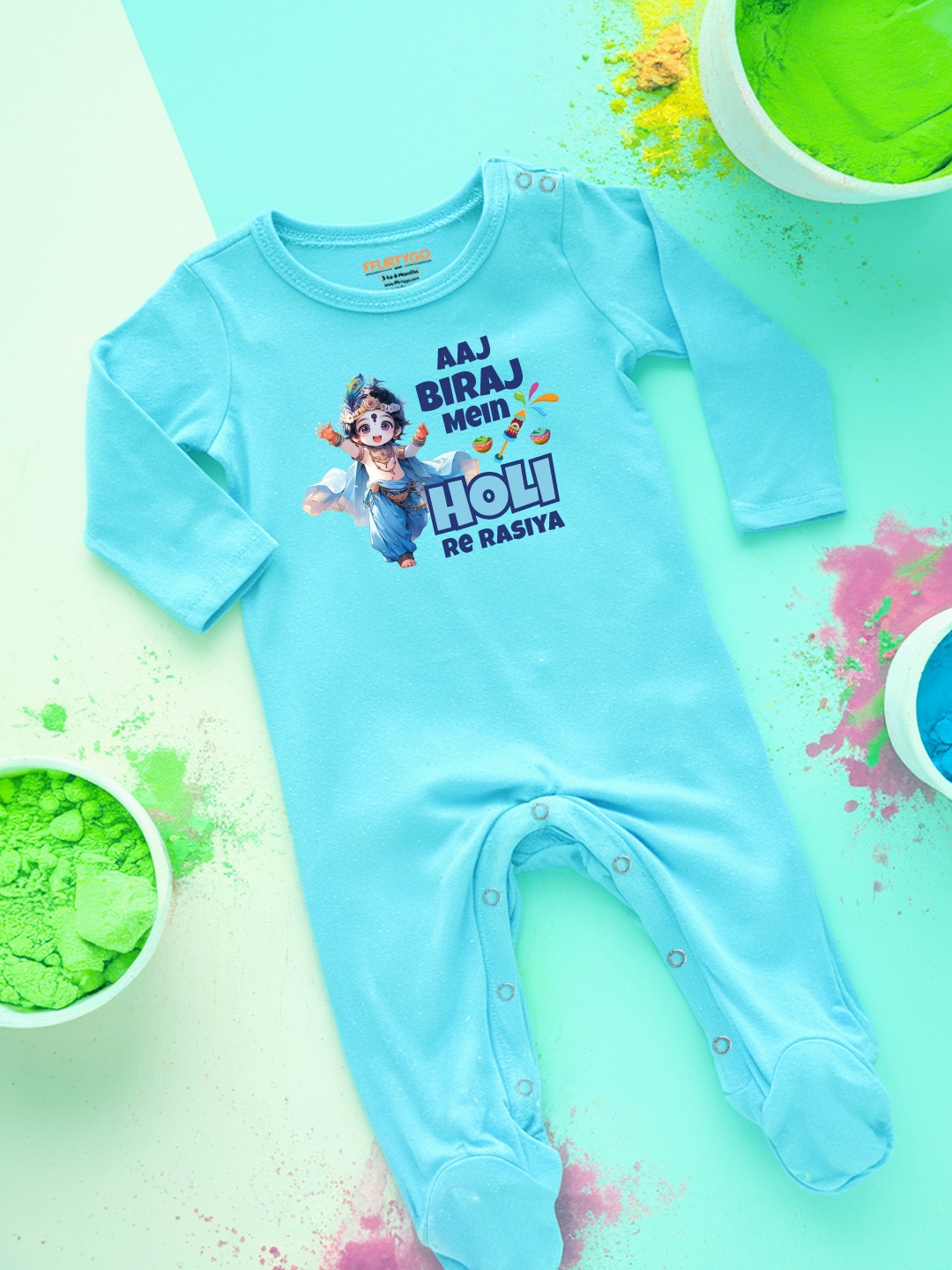 

FFLIRTYGO Infants Holi Printed Cotton Sleepsuit, Turquoise blue