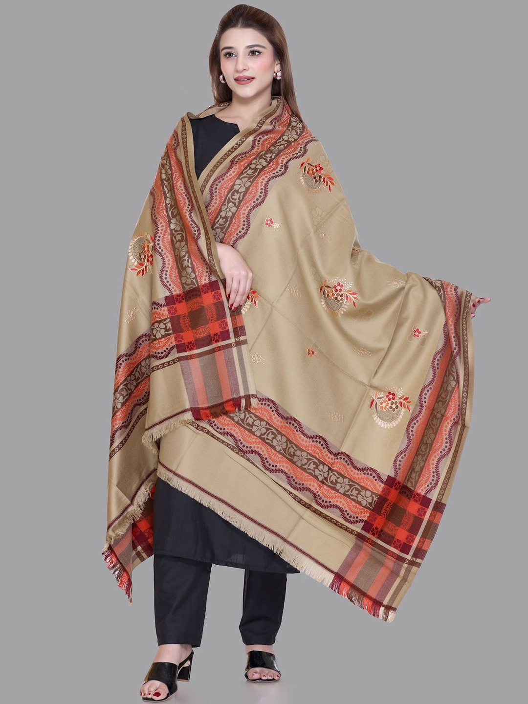 

Tones-N-Shades Ethnic Motifs Embroidered Shawl, Beige