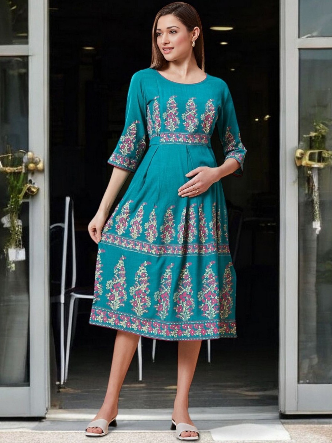 

True Shape Women Printed Floral Maternity Anarkali Kurta, Turquoise blue