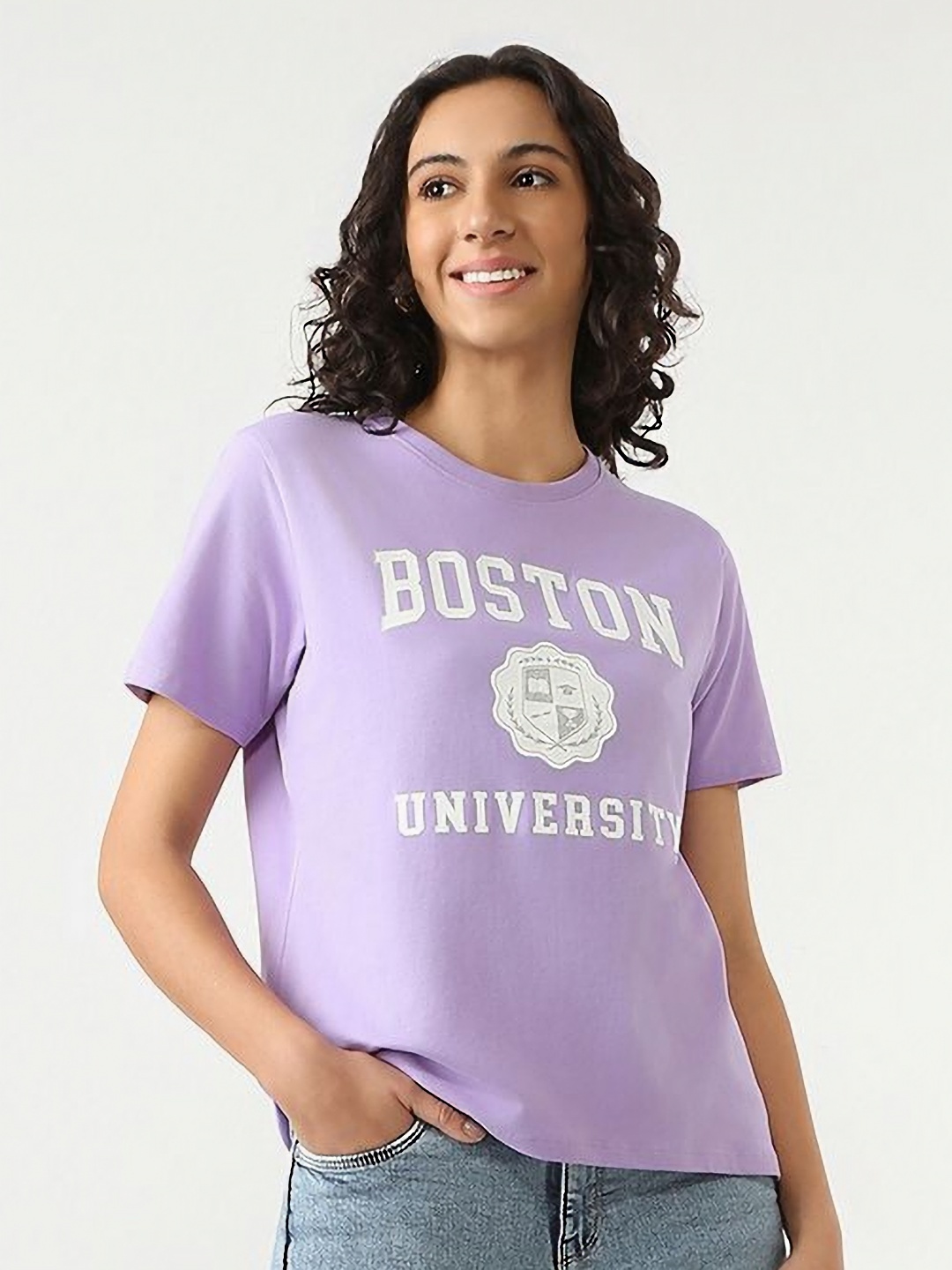 

Kraus Jeans Women Typography Printed Round Neck Cotton Boxy Fit T-shirt, Lavender