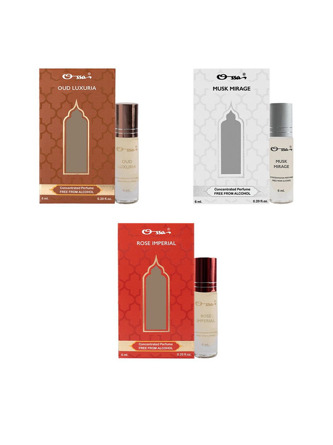 

Ossa Set Of 3 Oud Luxuria, Musk Mirage, Rose Imperial Alcohol Free Attar - 6 ml Each, White