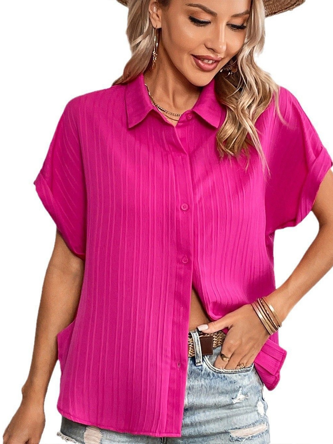 

StyleCast x Revolte Women Oversized Fit Spread Collar Textured Casual Shirt, Magenta