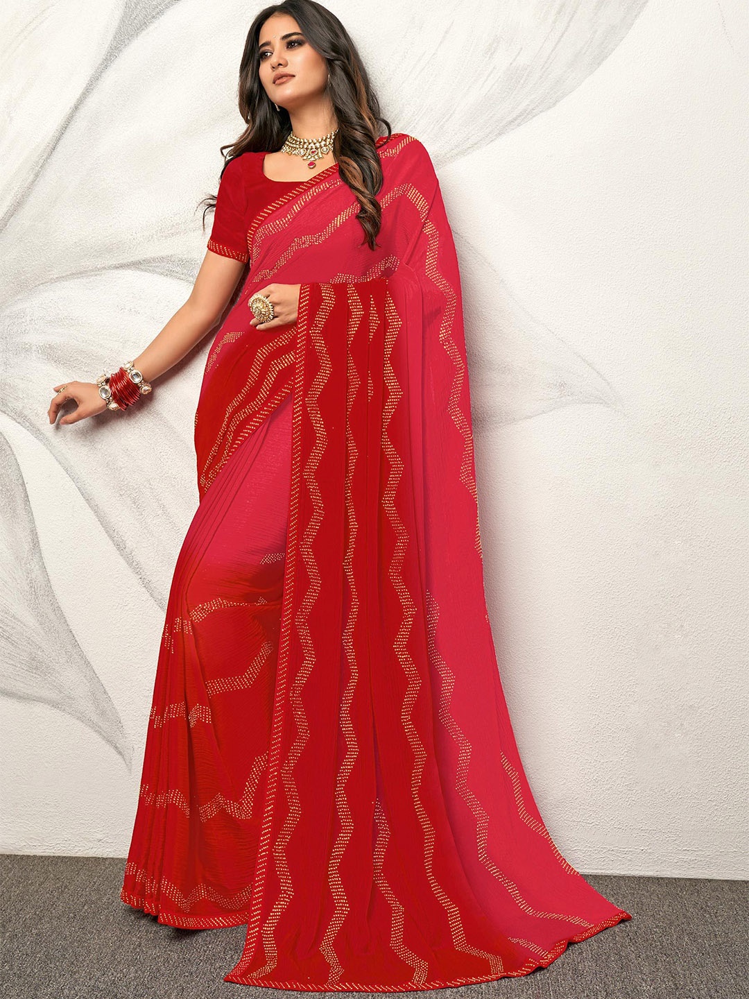 

Laxmipati Embellished Beads and Stones Poly Chiffon Heavy Work Saree, Red