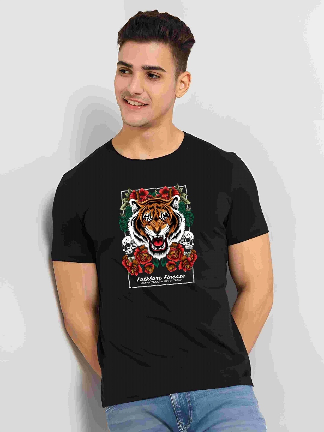 

Moda Rapido Men Floral Printed Round Neck Cotton Slim Fit T-shirt, Black