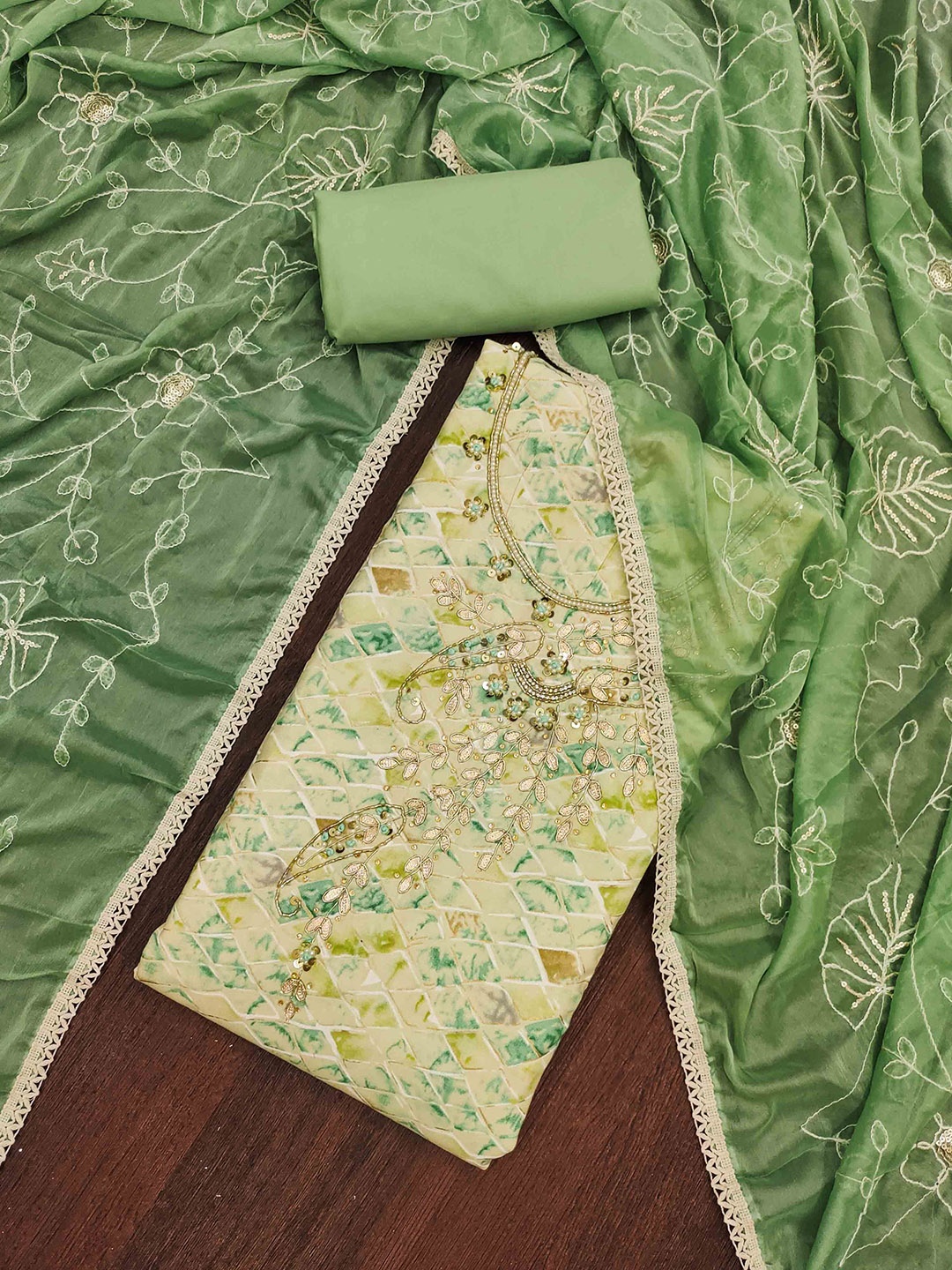 

Blissta Embellished Unstitched Dress Material, Green