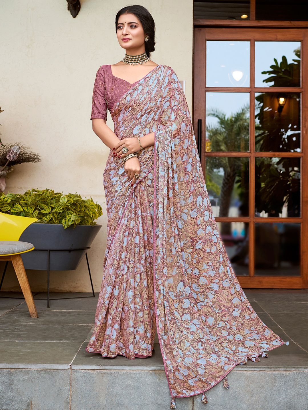 

Mitera Beads and Stones Poly Chiffon Bagru Saree, Pink