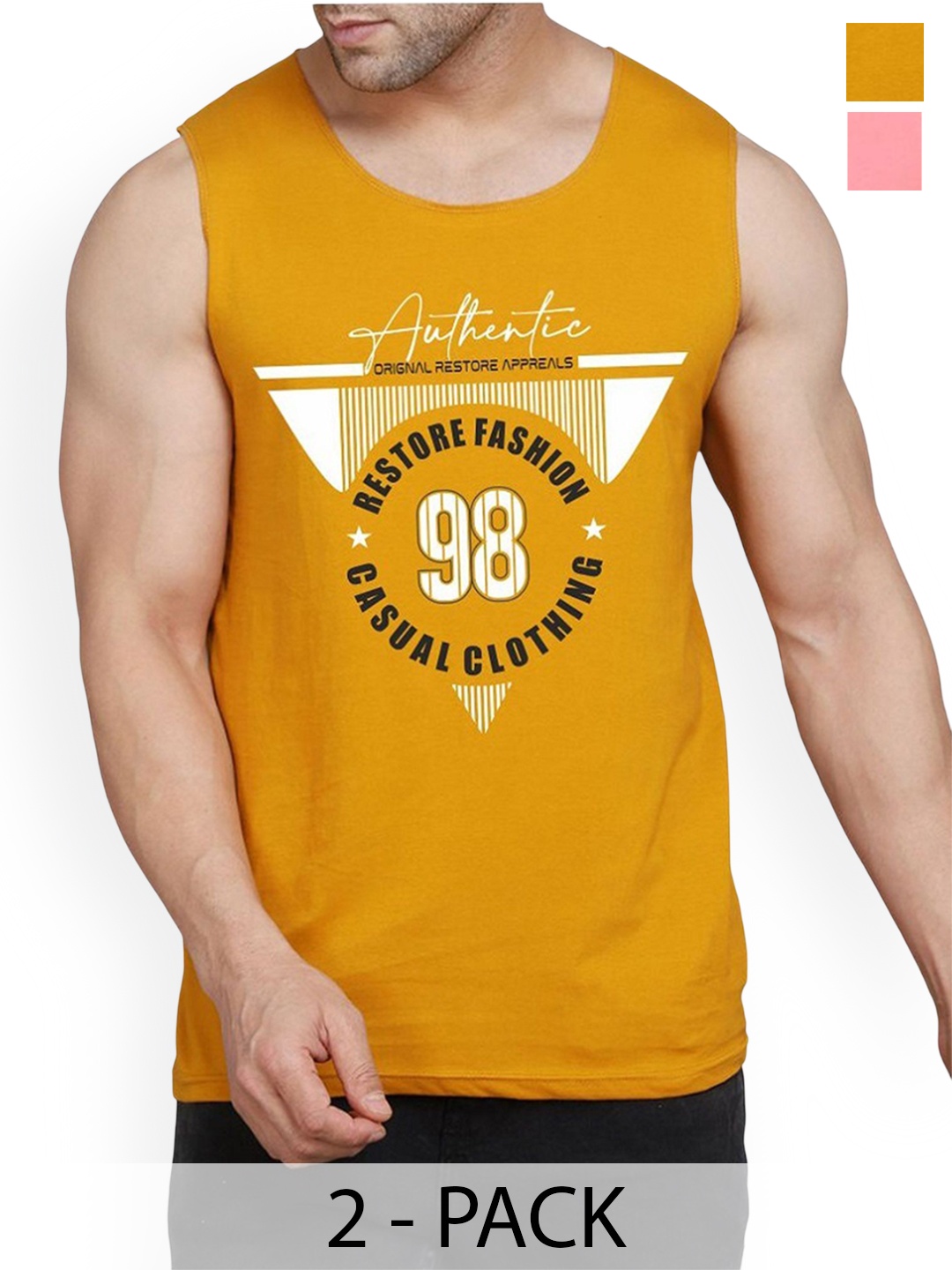 

WOOSTRO Pack Of 2 Printed Cotton Gym Vests RS26 CMB (HARD PEACH) (98 MUSTARD)