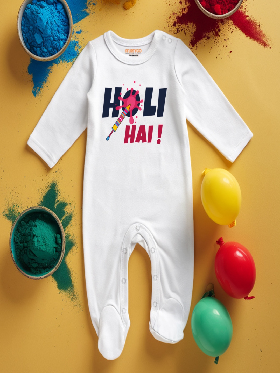 

FFLIRTYGO Infants Holi Printed Pure Cotton Sleepsuit, White