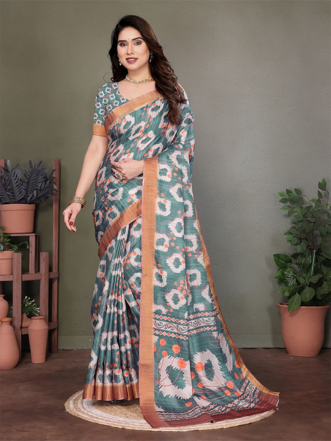 

vj fashion Floral Zari Linen Blend Saree, Teal