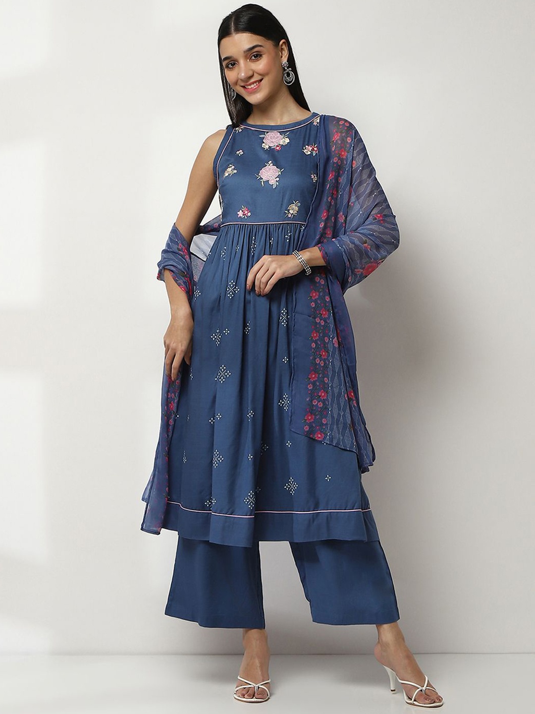 

Rangriti Floral Printed Pleated Anarkali Kurta with Palazzos And Dupatta, Blue