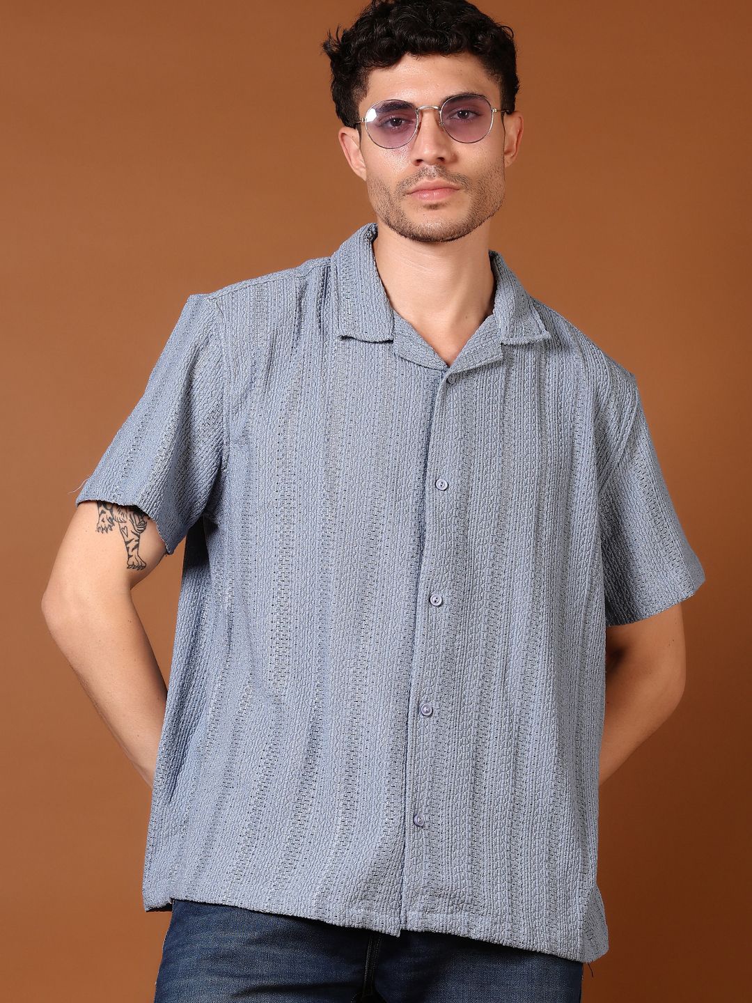 

V-Mart Men Relaxed Fit Cuban Collar Textured Cotton Casual Shirt, Blue