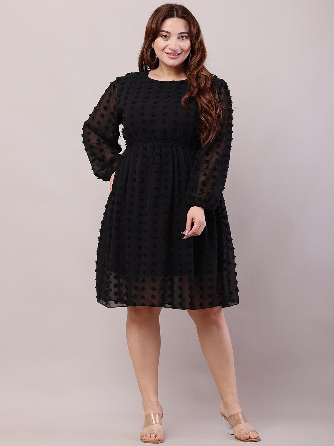 

HELLO DESIGN Plus Size Puff Sleeve Georgette Fit & Flare Dress, Black