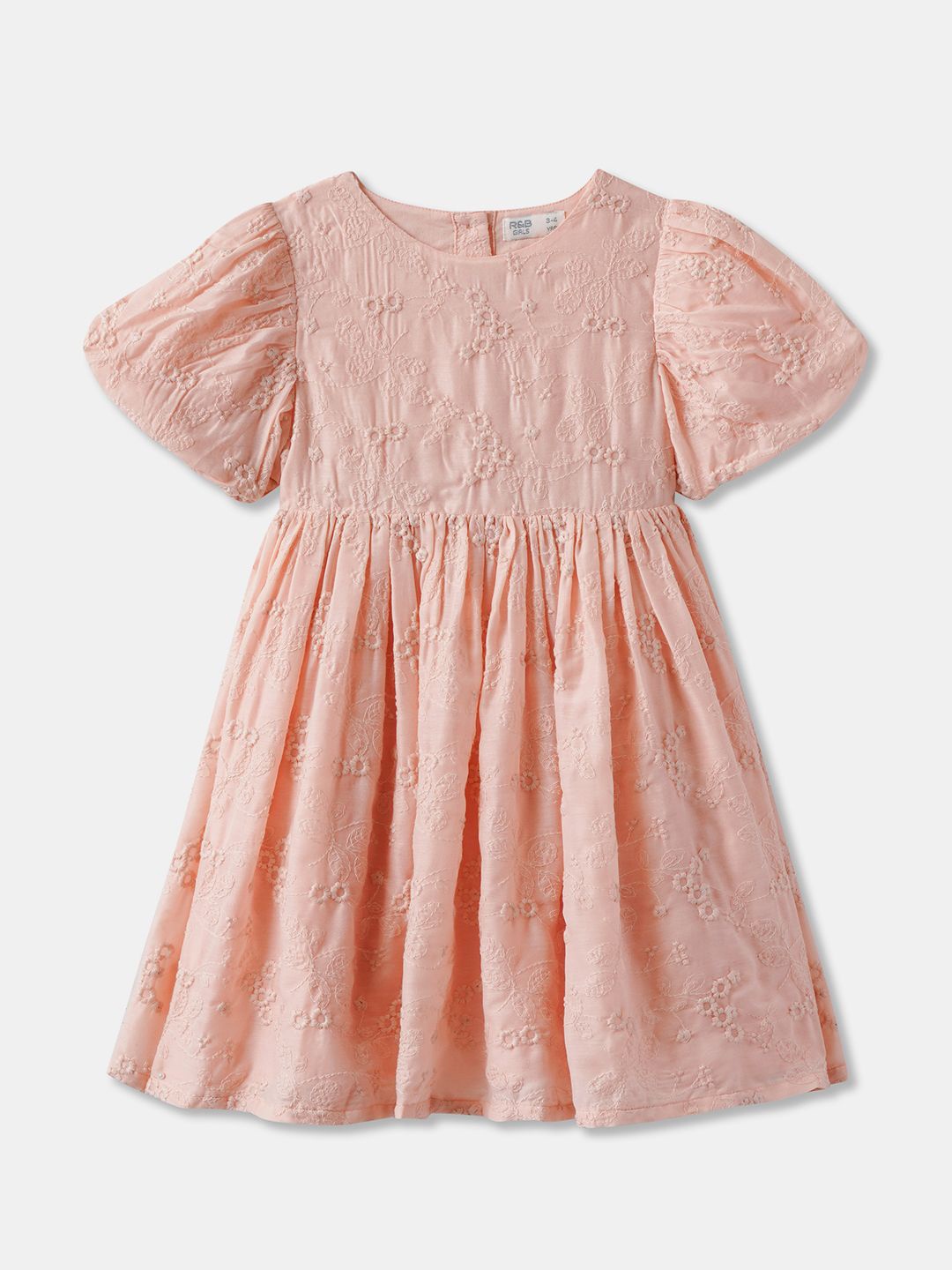 

R&B Girls Embroidered Fit & Flare Dress, Peach