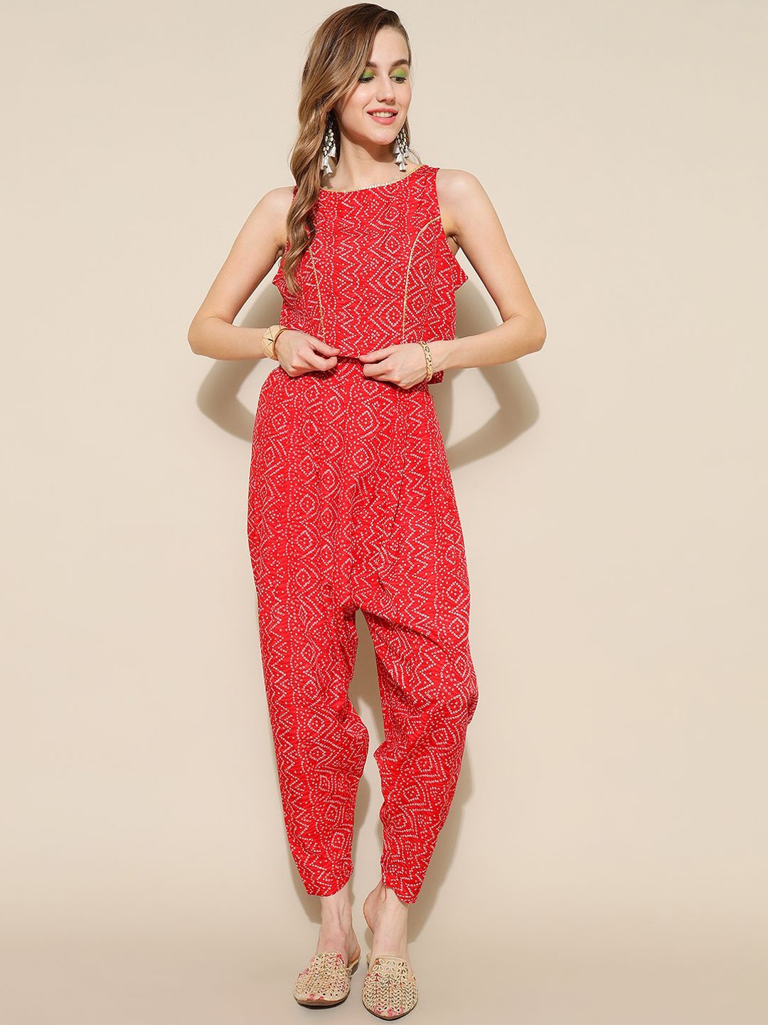 

Anushil Bandhani Printed Round Neck Top & Trousers, Red