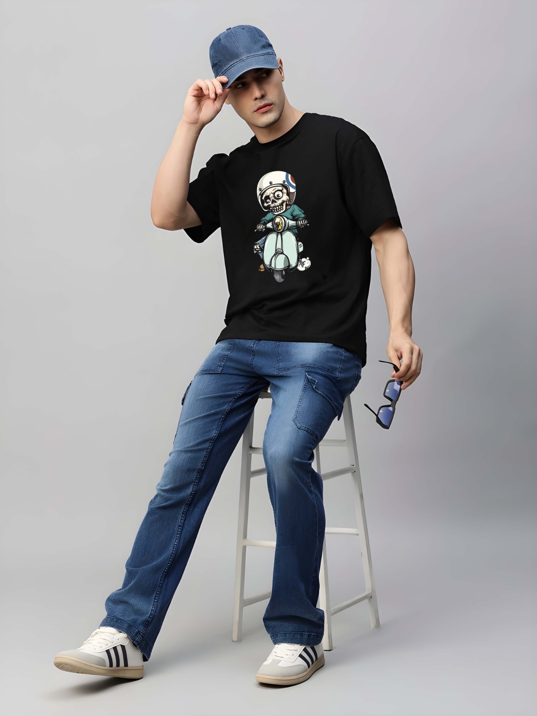 

Krimmple Men Graphic Printed Round Neck Cotton Oversized T-shirt, Black