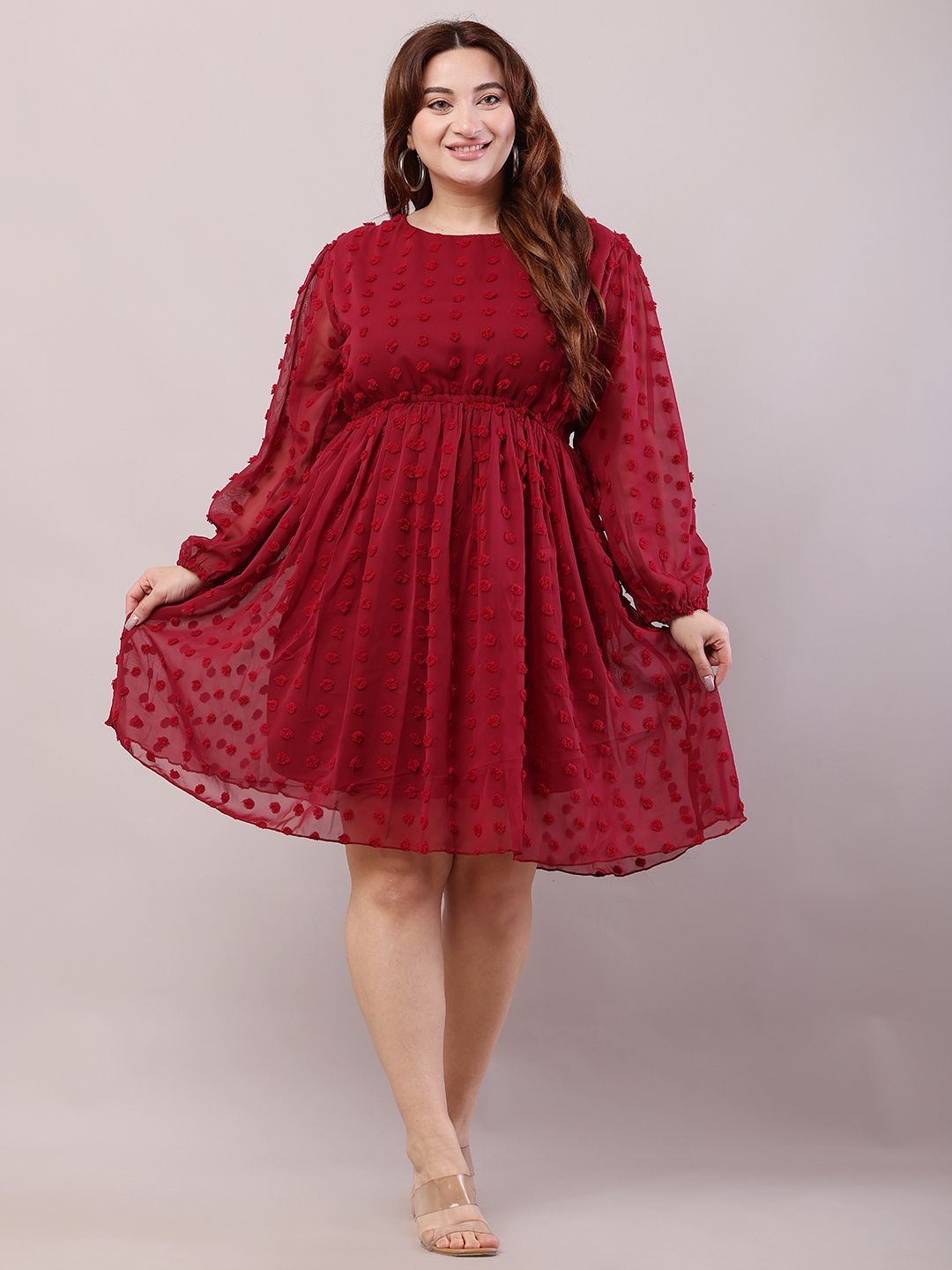 

HELLO DESIGN Women Self Design Round Neck Fit & Flare Dress plus size, Maroon