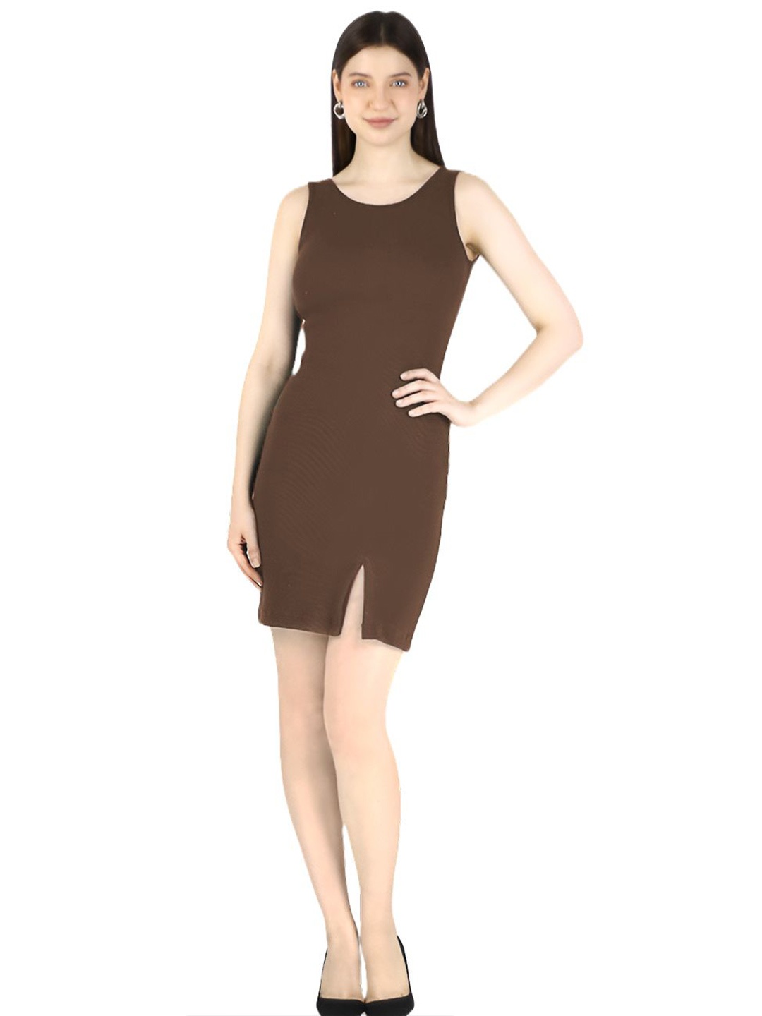 

ARTYSKA Women Round Neck Bodycon Dress, Brown