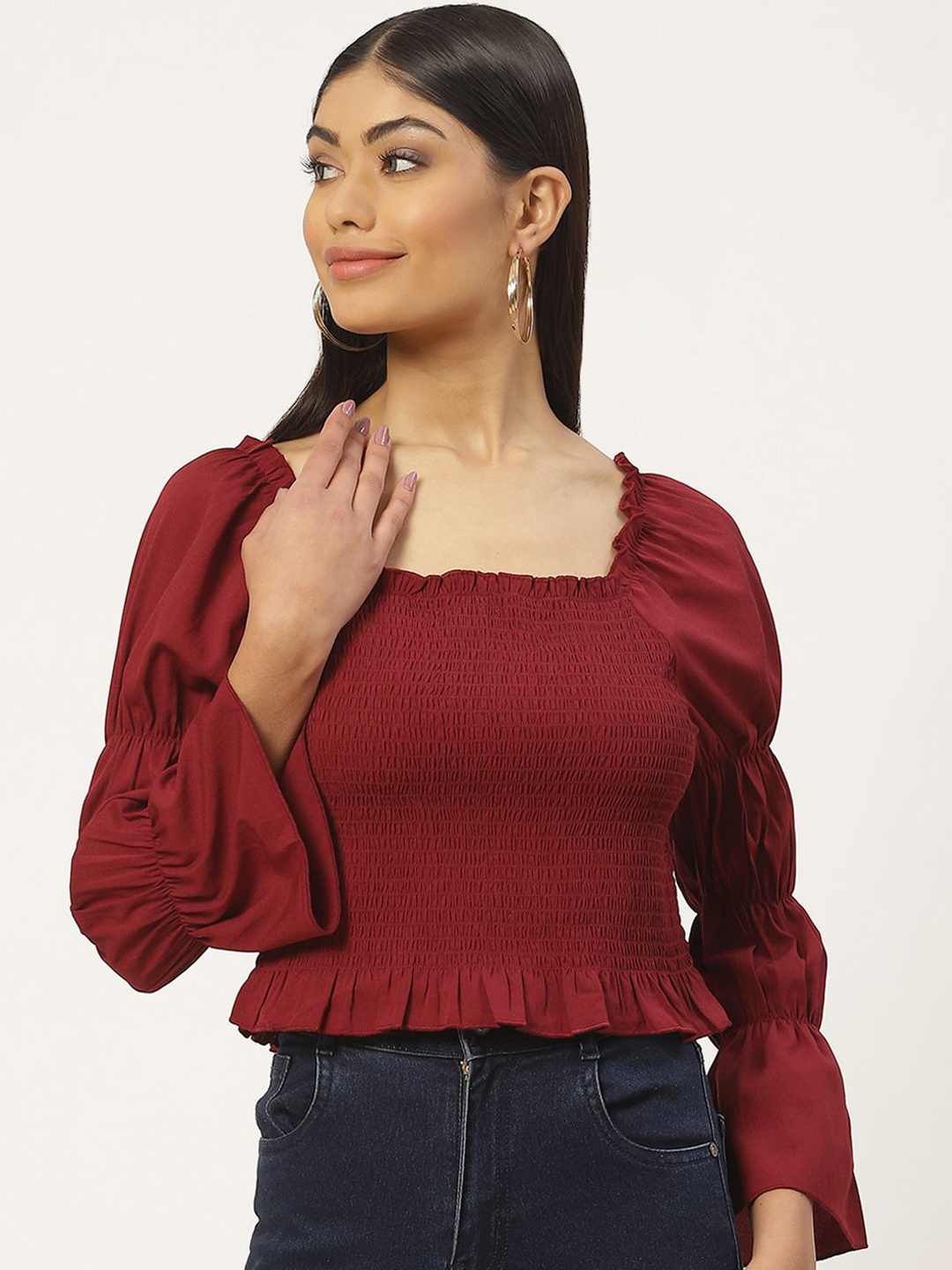 

Moda Rapido Bell Sleeve Smocked Crepe Crop Top, Maroon