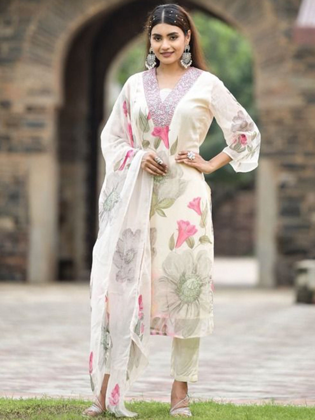 

KALINI Floral Printed V-Neck Georgette Straight Kurta With Trousers And Dupatta, White