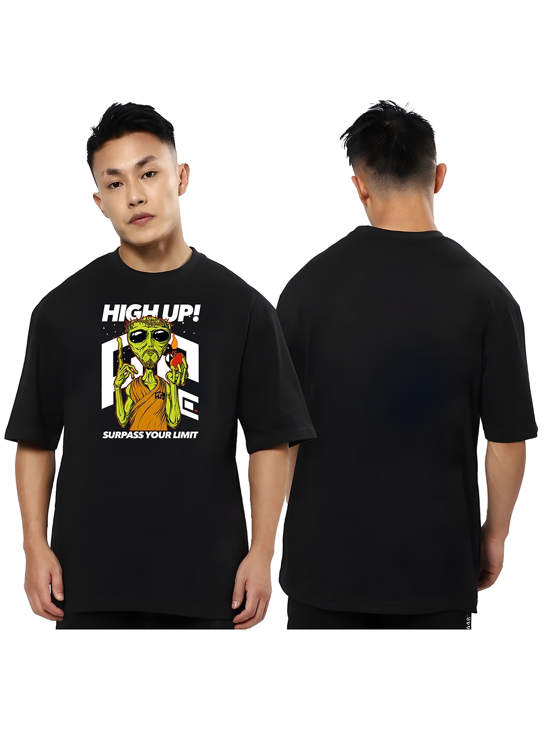 

Krimmple Men Graphic Printed Round Neck Cotton Oversized T-shirt, Black