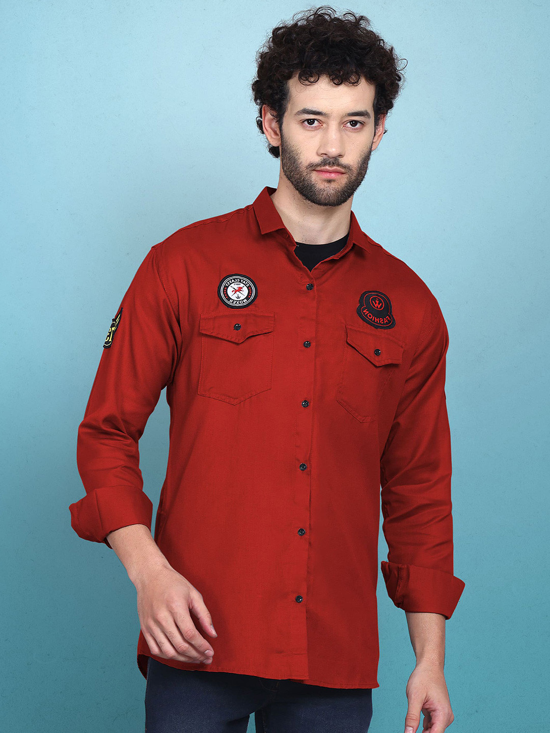 

WOXEN Men Original Fit Spread Collar Solid Cotton Casual Shirt, Red